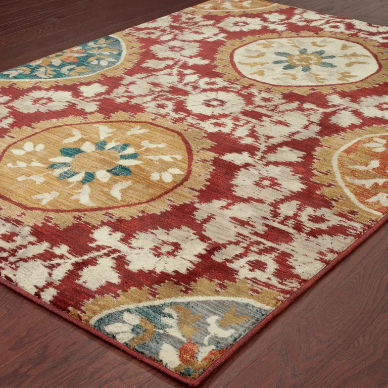 Red Gold Teal Grey Ivory And Blue Oriental Power Loom Stain Resistant Area Rug Photo 4