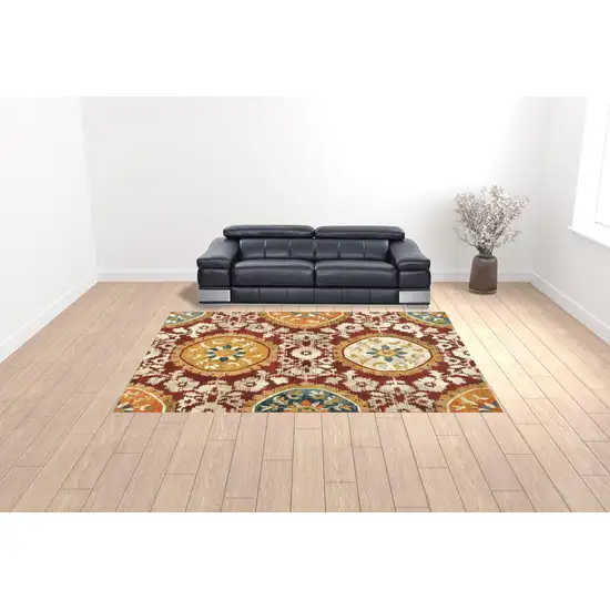 Red Gold Teal Grey Ivory And Blue Oriental Power Loom Stain Resistant Area Rug Photo 2