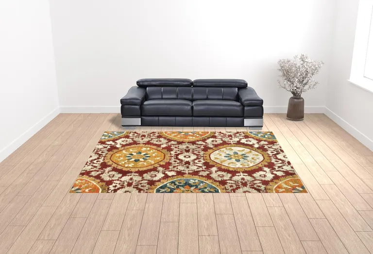 Red Gold Teal Grey Ivory And Blue Oriental Power Loom Stain Resistant Area Rug Photo 2