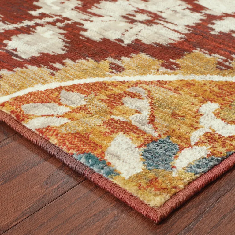 Red Gold Teal Grey Ivory And Blue Oriental Power Loom Stain Resistant Runner Rug Photo 4