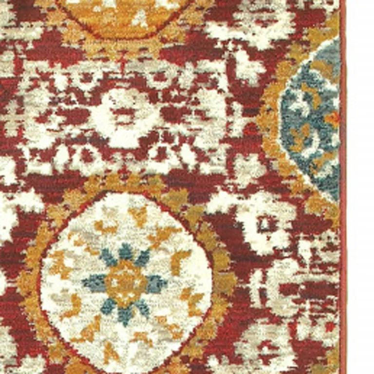 Red Gold Teal Grey Ivory And Blue Oriental Power Loom Stain Resistant Runner Rug Photo 3