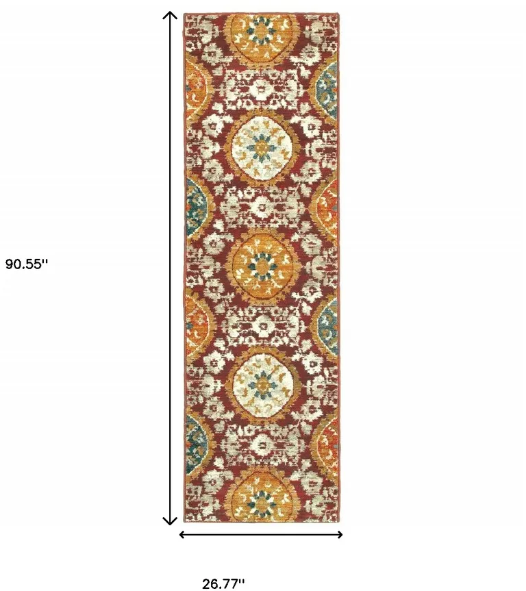 Red Gold Teal Grey Ivory And Blue Oriental Power Loom Stain Resistant Runner Rug Photo 5