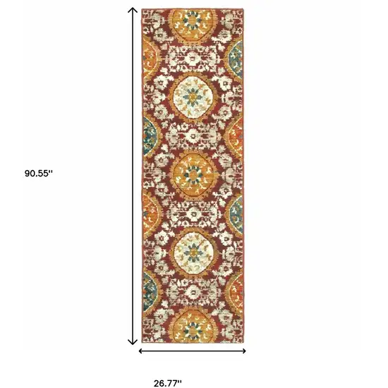 Red Gold Teal Grey Ivory And Blue Oriental Power Loom Stain Resistant Runner Rug Photo 5