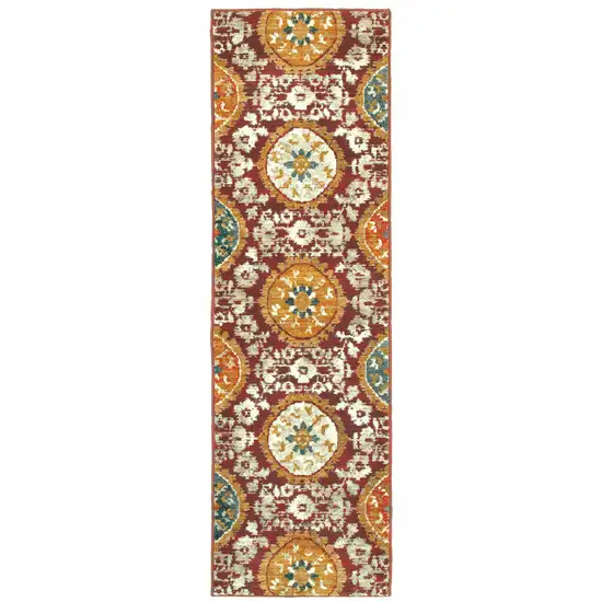 Red Gold Teal Grey Ivory And Blue Oriental Power Loom Stain Resistant Runner Rug Photo 1