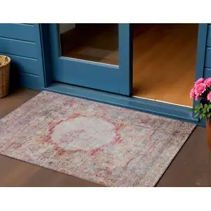 Photo of Red Gray And Blue Oriental Washable Indoor Outdoor Area Rug