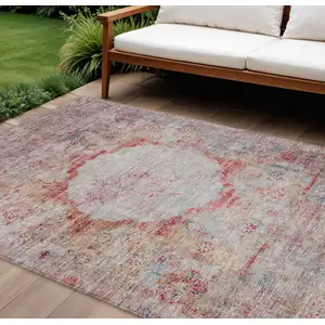 Photo of Red Gray And Blue Oriental Washable Indoor Outdoor Area Rug