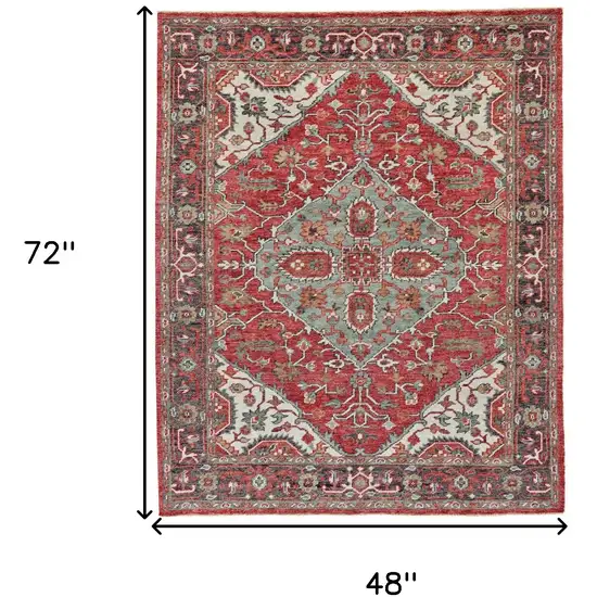 Red Gray And Ivory Wool Floral Hand Knotted Distressed Stain Resistant Area Rug With Fringe Photo 6