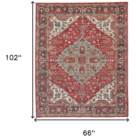 Red Gray And Ivory Wool Floral Hand Knotted Distressed Stain Resistant Area Rug With Fringe Photo 6