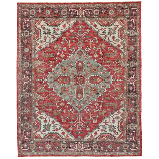 Red Gray And Ivory Wool Floral Hand Knotted Distressed Stain Resistant Area Rug With Fringe Photo 1