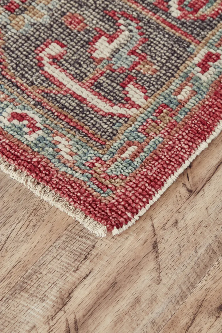 Red Gray And Ivory Wool Floral Hand Knotted Distressed Stain Resistant Area Rug With Fringe Photo 3