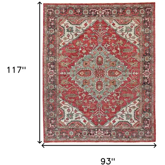 Red Gray And Ivory Wool Floral Hand Knotted Distressed Stain Resistant Area Rug With Fringe Photo 6