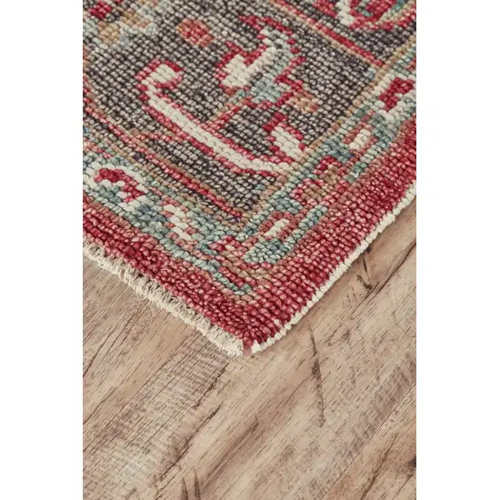 Red Gray And Ivory Wool Floral Hand Knotted Distressed Stain Resistant Area Rug With Fringe Photo 3