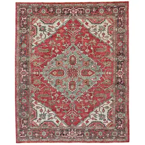 Photo of Red Gray And Ivory Wool Floral Hand Knotted Distressed Stain Resistant Area Rug With Fringe