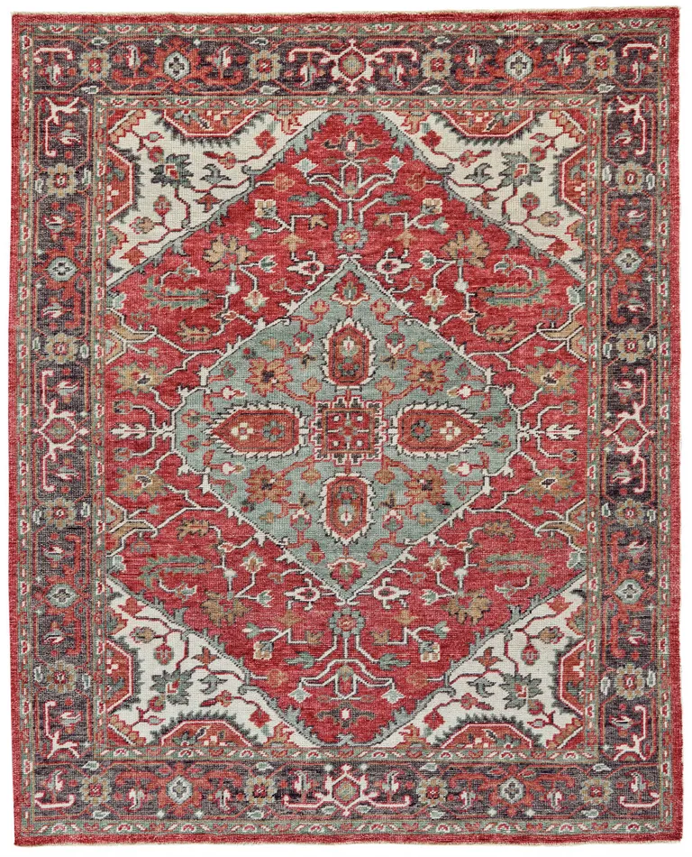 Red Gray And Ivory Wool Floral Hand Knotted Distressed Stain Resistant Area Rug With Fringe Photo 1