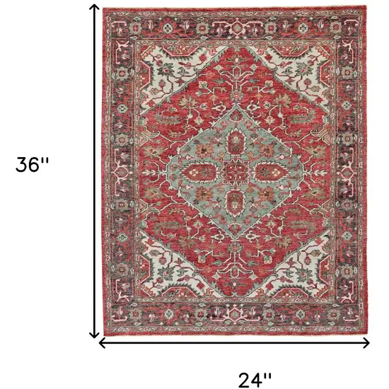 Red Gray And Ivory Wool Floral Hand Knotted Distressed Stain Resistant Area Rug With Fringe Photo 6