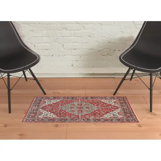 Red Gray And Ivory Wool Floral Hand Knotted Distressed Stain Resistant Area Rug With Fringe Photo 2