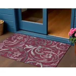 Photo of Red Gray And Silver Floral Washable Indoor Outdoor Area Rug