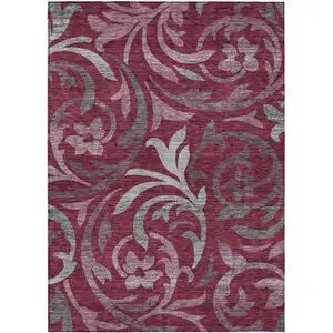 Photo of Red Gray And Silver Floral Washable Indoor Outdoor Area Rug