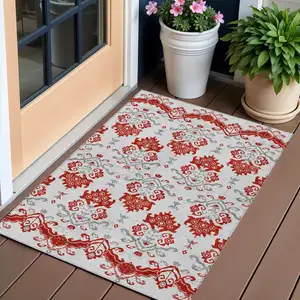 Photo of Red Gray And Silver Oriental Washable Indoor Outdoor Area Rug