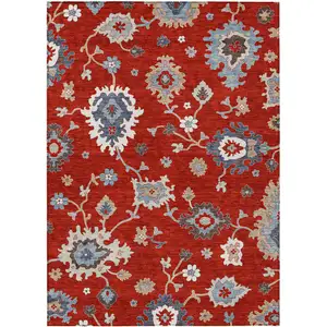 Photo of Red Gray And Taupe Floral Washable Indoor Outdoor Area Rug