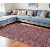 Photo of Red Gray and Orange Damask Power Loom Worn Faded Washable Area Rug