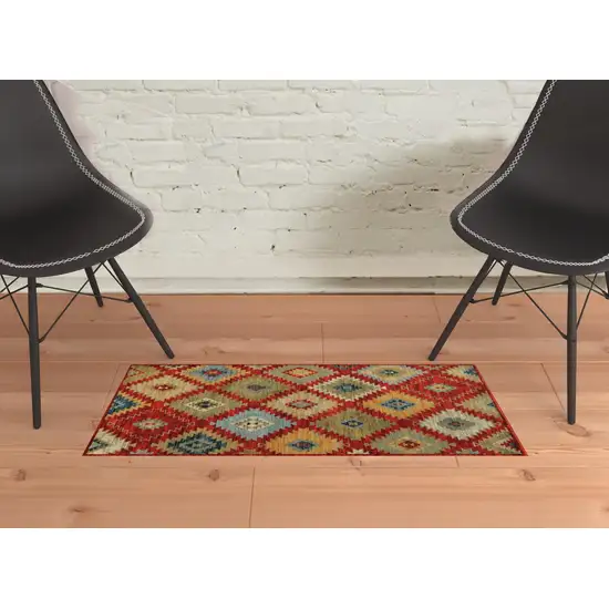 Red Green Gold Blue Teal And Ivory Geometric Power Loom Stain Resistant Area Rug Photo 2