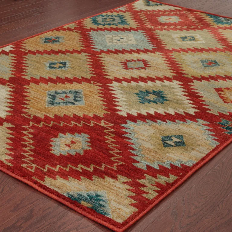 Red Green Gold Blue Teal And Ivory Geometric Power Loom Stain Resistant Area Rug Photo 3