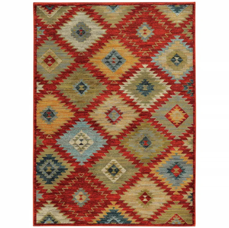 Red Green Gold Blue Teal And Ivory Geometric Power Loom Stain Resistant Area Rug Photo 1