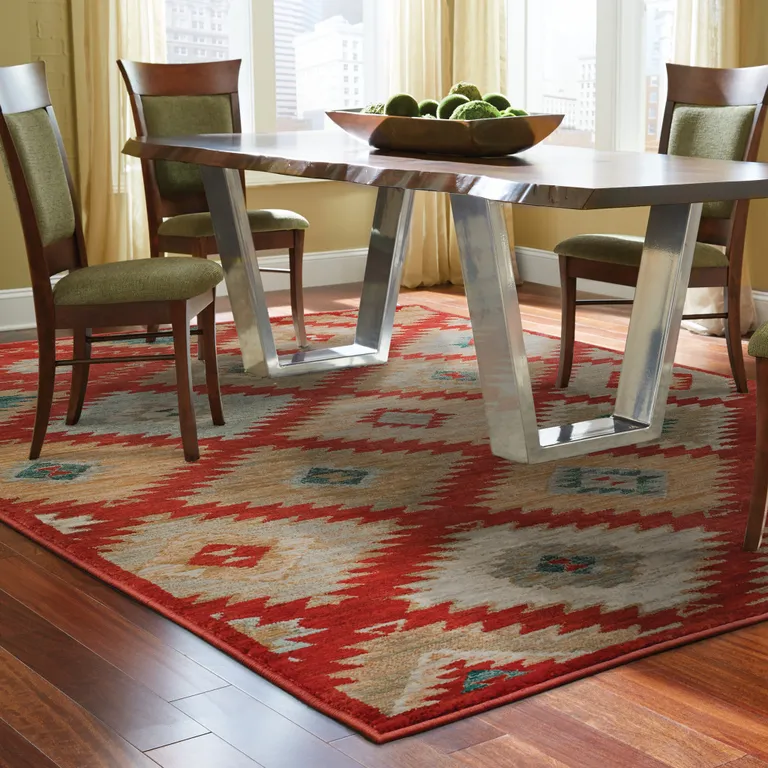 Red Green Gold Blue Teal And Ivory Geometric Power Loom Stain Resistant Area Rug Photo 4