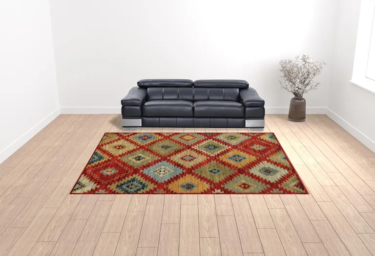 Red Green Gold Blue Teal And Ivory Geometric Power Loom Stain Resistant Area Rug Photo 2