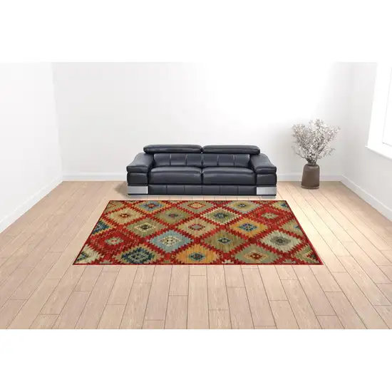 Red Green Gold Blue Teal And Ivory Geometric Power Loom Stain Resistant Area Rug Photo 2