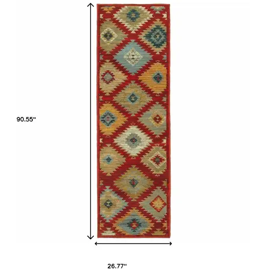 Red Green Gold Blue Teal And Ivory Geometric Power Loom Stain Resistant Runner Rug Photo 4