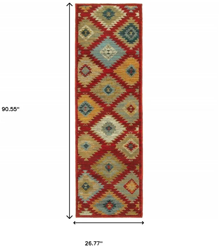 Red Green Gold Blue Teal And Ivory Geometric Power Loom Stain Resistant Runner Rug Photo 4