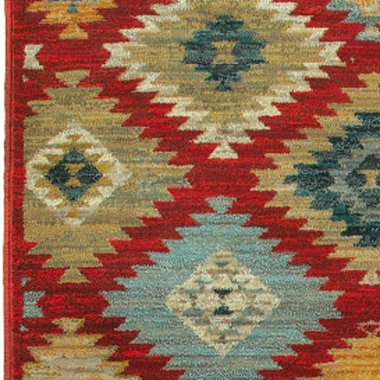 Red Green Gold Blue Teal And Ivory Geometric Power Loom Stain Resistant Runner Rug Photo 3