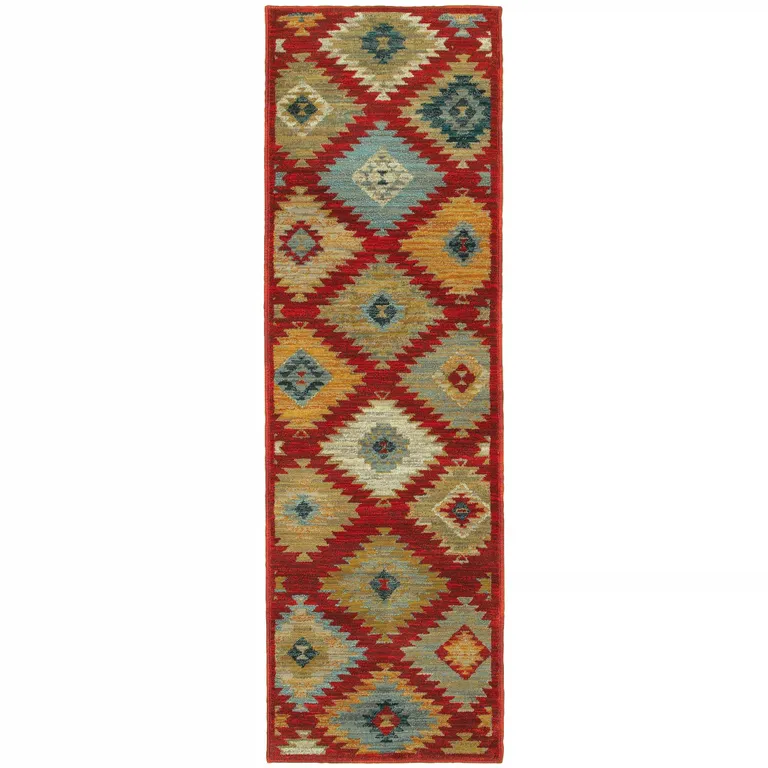 Red Green Gold Blue Teal And Ivory Geometric Power Loom Stain Resistant Runner Rug Photo 1