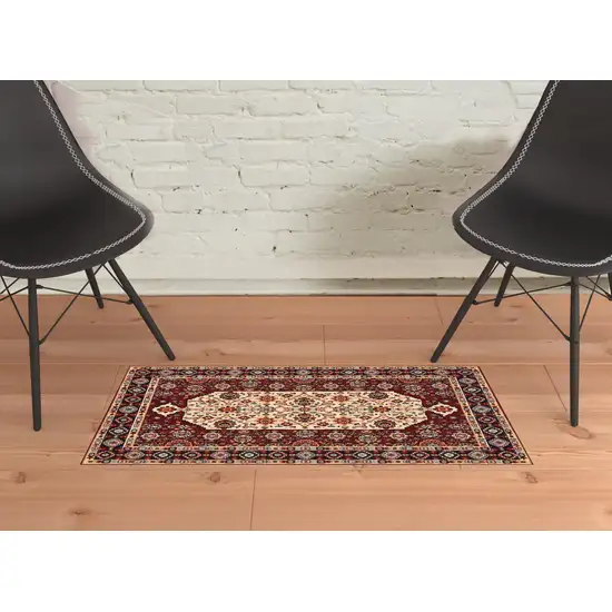 Red Ivory Blue And Orange Oriental Power Loom Stain Resistant Area Rug With Fringe Photo 3