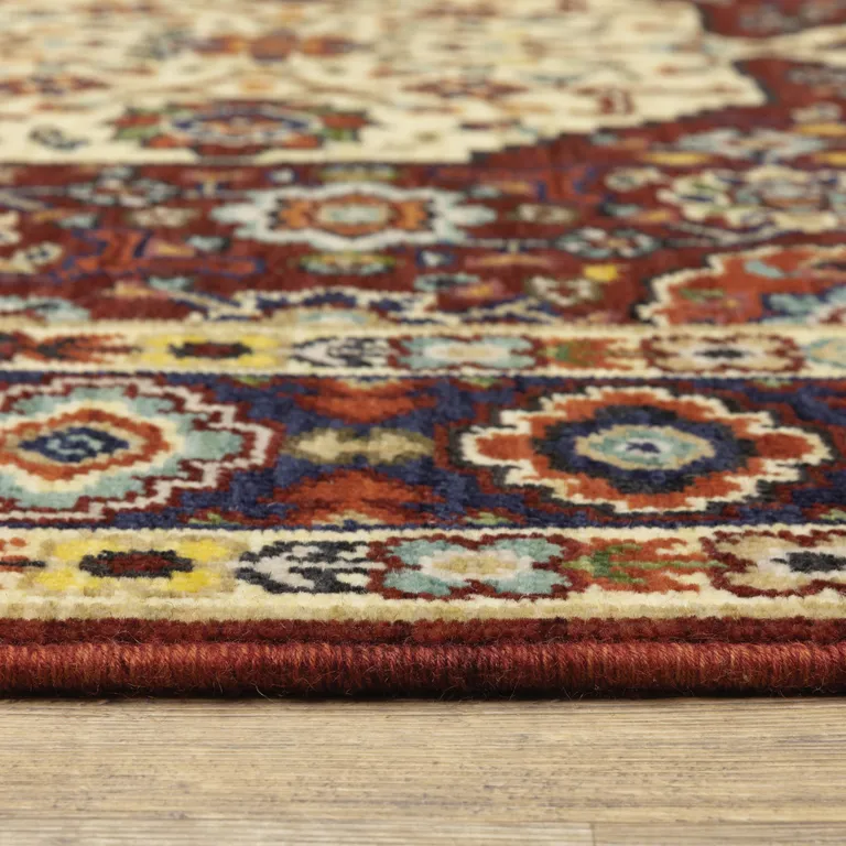Red Ivory Blue And Orange Oriental Power Loom Stain Resistant Area Rug With Fringe Photo 4