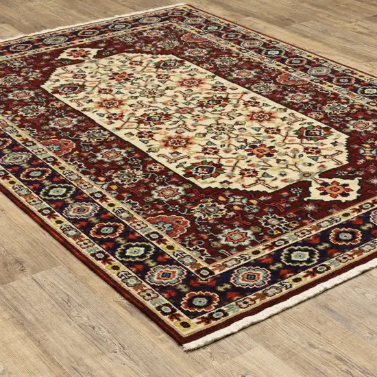 Red Ivory Blue And Orange Oriental Power Loom Stain Resistant Area Rug With Fringe Photo 8