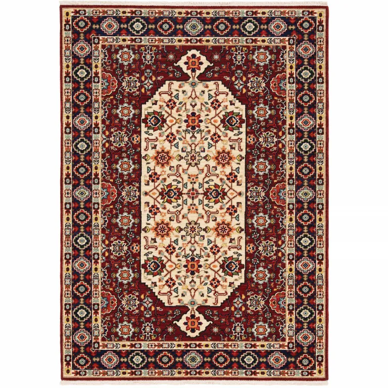 Red Ivory Blue And Orange Oriental Power Loom Stain Resistant Area Rug With Fringe Photo 1