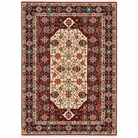 Photo of Red Ivory Blue And Orange Oriental Power Loom Stain Resistant Area Rug With Fringe