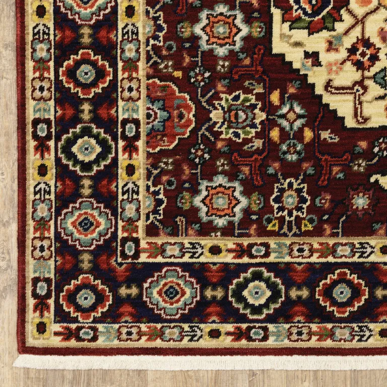 Red Ivory Blue And Orange Oriental Power Loom Stain Resistant Area Rug With Fringe Photo 2