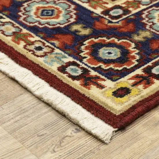 Red Ivory Blue And Orange Oriental Power Loom Stain Resistant Runner Rug With Fringe Photo 7