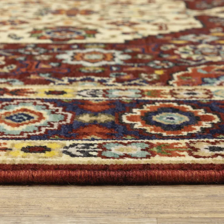 Red Ivory Blue And Orange Oriental Power Loom Stain Resistant Runner Rug With Fringe Photo 3