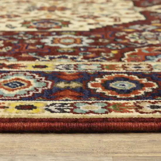 Red Ivory Blue And Orange Oriental Power Loom Stain Resistant Runner Rug With Fringe Photo 4