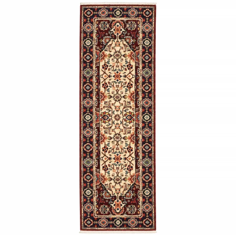 Red Ivory Blue And Orange Oriental Power Loom Stain Resistant Runner Rug With Fringe Photo 1