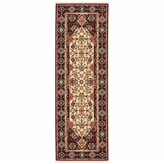 Red Ivory Blue And Orange Oriental Power Loom Stain Resistant Runner Rug With Fringe Photo 2