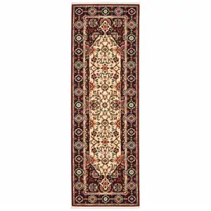 Photo of Red Ivory Blue And Orange Oriental Power Loom Stain Resistant Runner Rug With Fringe