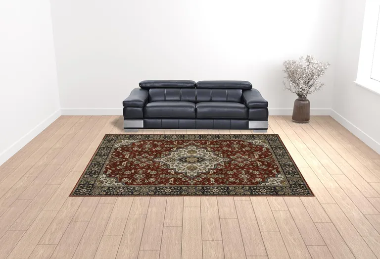 Red Ivory Blue Navy Gold And Grey Oriental Power Loom Stain Resistant Area Rug With Fringe Photo 3