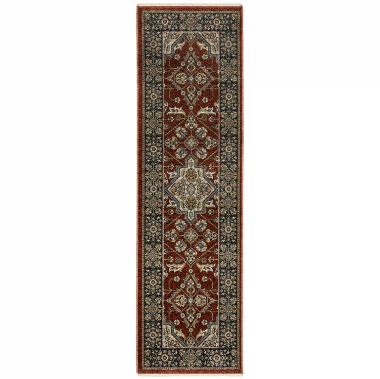 Red Ivory Blue Navy Gold And Grey Oriental Power Loom Stain Resistant Runner Rug With Fringe Photo 1