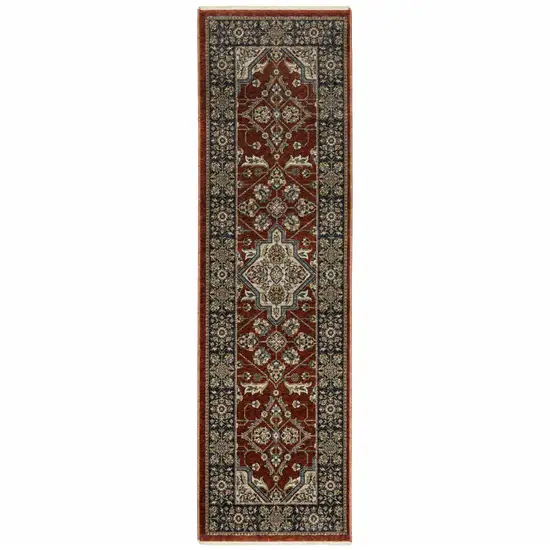 Red Ivory Blue Navy Gold And Grey Oriental Power Loom Stain Resistant Runner Rug With Fringe Photo 1